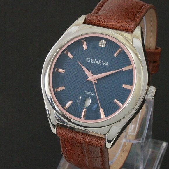 Geneva Men's Dress Watch Diamond At 12 Raised Indices Blue Dial Brown Strap 42mm - Picture 7 of 13